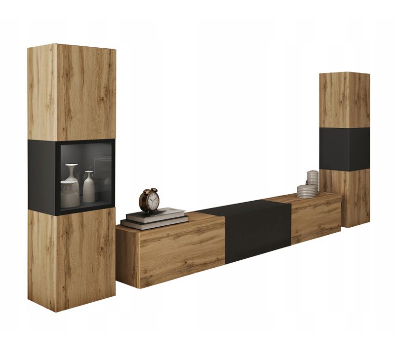 Mur TV LED 180 Cm Vitrine + Colonne Chêne Wotan / Noir Mat