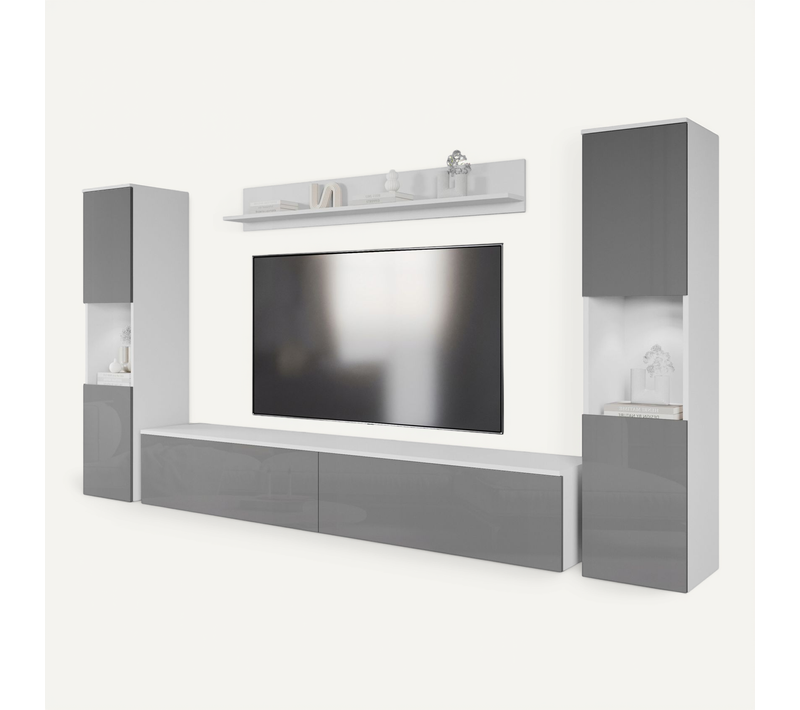 Mur TV 4 éléments LED: 2 Colonnes + TV 180 Cm + étagère, Blanc Mat / Gris Brillant