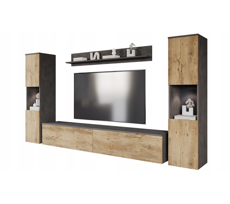 Mur TV 4 Éléments LED: 2 Colonnes + TV 180 Cm + Étagère, Anthracite / Châtaignier