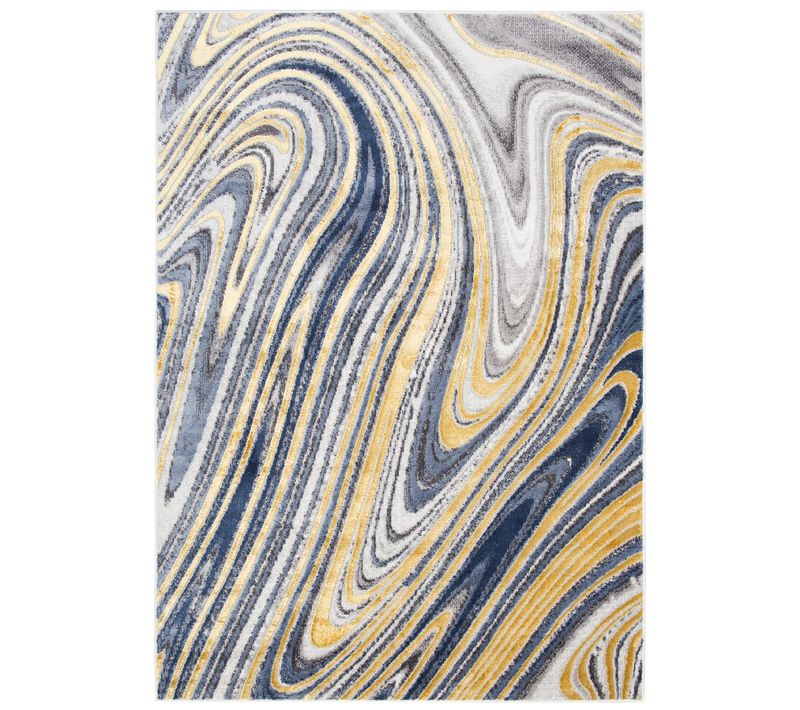 Tapis De Salon Design Moderne Or Bleu Gris Abstrait Vagues Shine 140x200