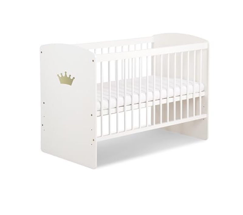 K2 Lit Bébé 120 X 60 Cm Avec Matelas Blanc Avec Couronne Dorée