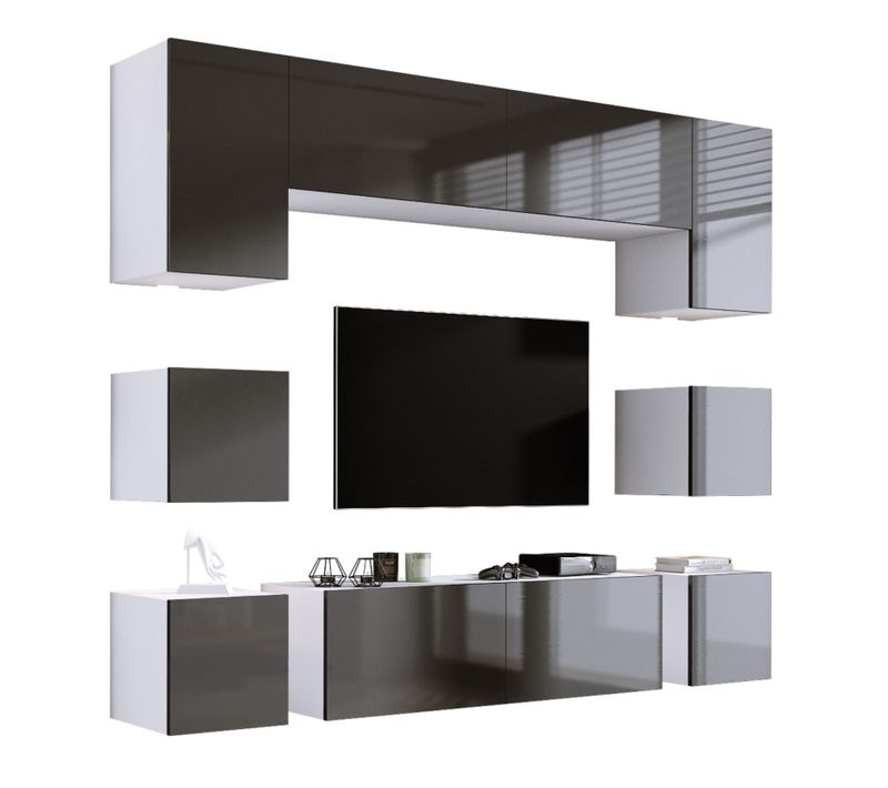 Ensemble Meuble TV Mural, Unité Murale , Blanc Mat, Gris Brillant, 200 X 228 X 37 Cm