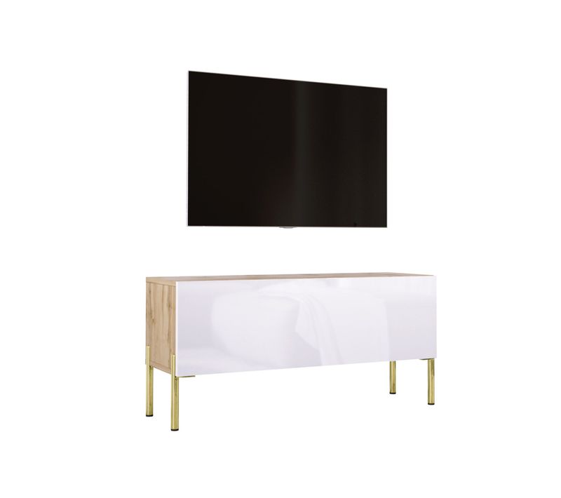 Meuble TV Chêne Wotan / Blanc Brillant, Pieds En Or, 100 X 52 X 32 Cm