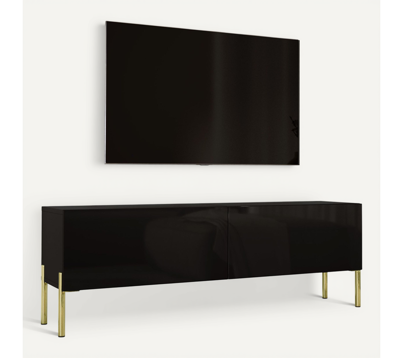 Meuble TV : Noir Mat / Noir Brillant, Pieds Or, 140 X 52 X 32 Cm
