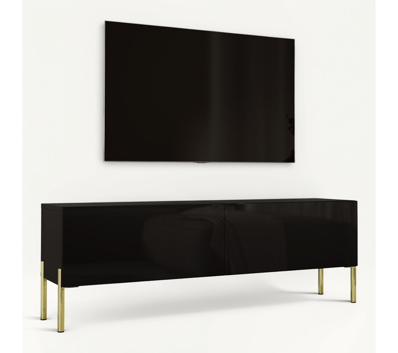 Meuble TV : Noir Mat, Pieds Or, 140 X 52 X 32 Cm
