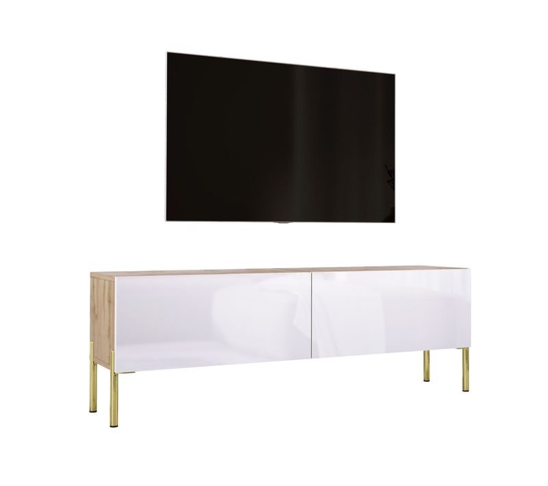 Meuble TV : Chêne Wotan / Blanc Brillant, Pieds Or, 140 X 52 X 32 Cm