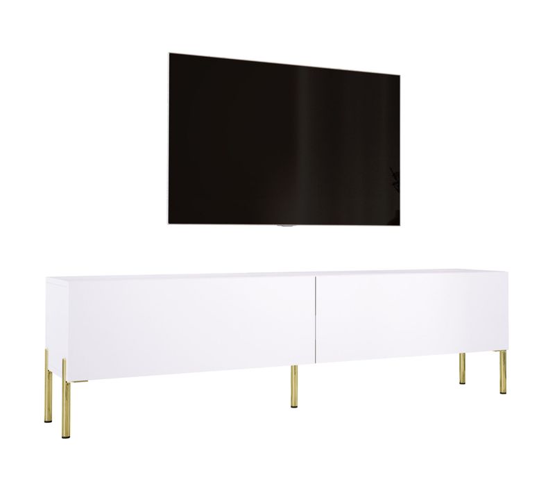 Meuble TV : Blanc Mat, Pieds Or, 170 X 52 X 32 Cm
