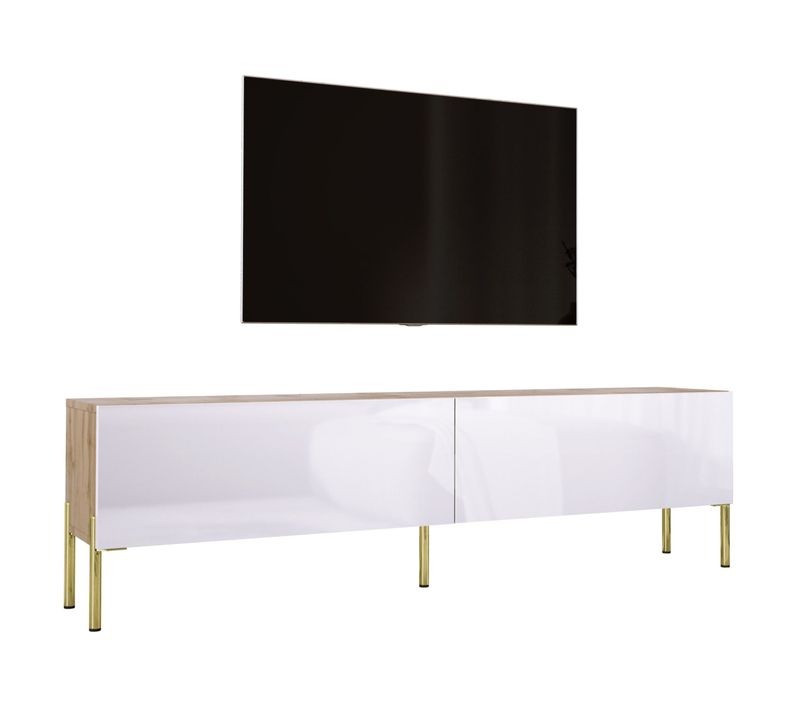 Meuble TV : Chêne Wotan / Blanc Brillant Avec Pieds Or, 170 X 52 X 32 Cm