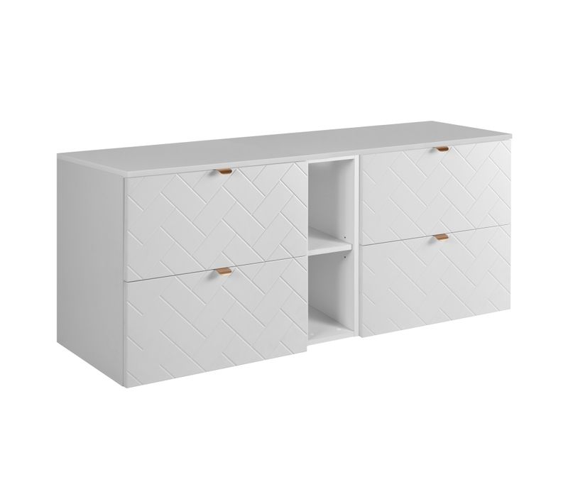 Meuble De Salle De Bain, Blanc Mat, 140 X 57 X 46 Cm, Poignées Dorées