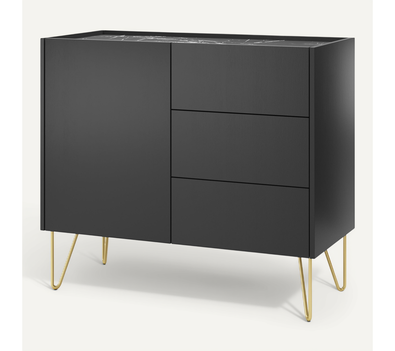 Buffet : 3 Tiroirs, 1 Porte, 2 Étagères, Noir Graphite / Marbre Noir, 97 X 83 X 37 Cm