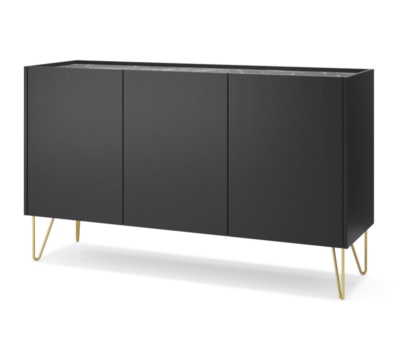Buffet : 3 Portes, 6 Étagères, Noir Graphite / Marbre Noir, 144 Cm X 83 Cm X 37 Cm