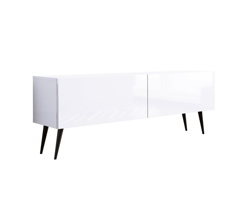 Meuble TV : Blanc Mat / Blanc Brillant, Pieds Noirs, 140 X 52 X 32 Cm