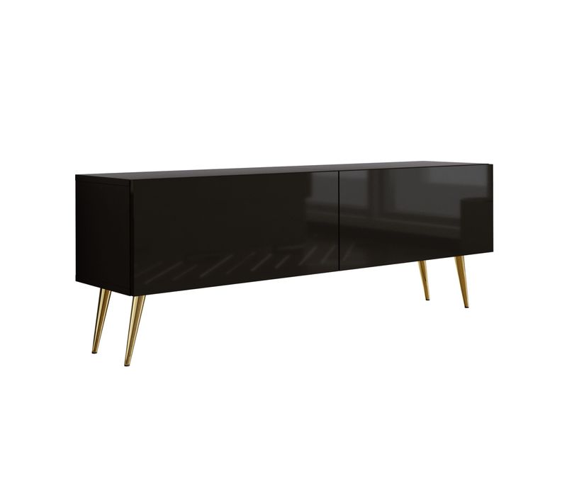 Meuble TV : Noir Mat/ Noir Brillant, Pieds Dorés, 140 X 52 X 32 Cm