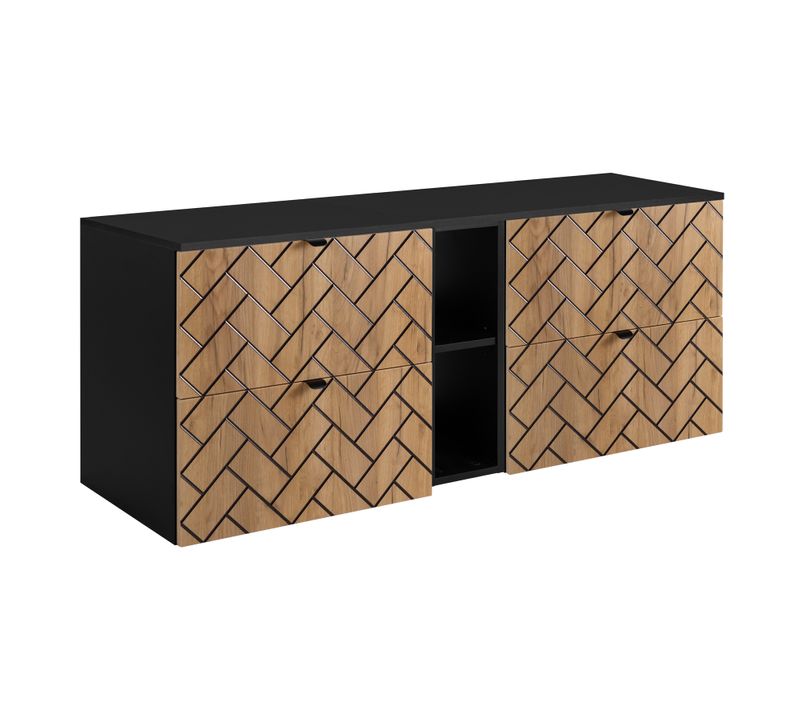 Meuble De Salle De Bain, Chêne Artisanal Doré, 140 X 57 X 46 Cm, Poignées Noires