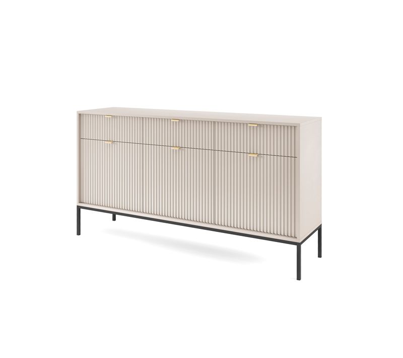 Buffet : 3 Tiroirs, 3 Portes, Cachemire, Noir, 154 X 83 X 39 Cm, Poignées Dorées