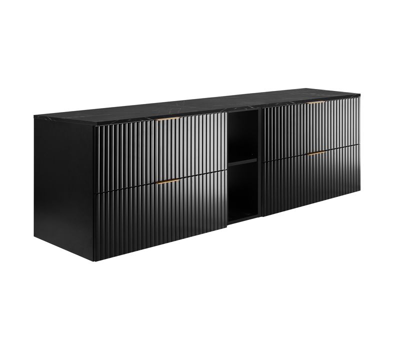 Meuble De Salle De Bain Suspendu, Noir / Plan De Travail En Marbre Noir (mdf), 180 X 57 X 46 Cm