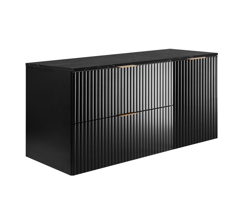 Meuble De Salle De Bain Suspendu, Noir / Plan De Travail En Marbre Noir (mdf), 120 X 57 X 46 Cm