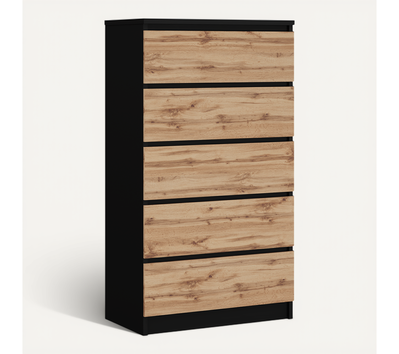 Commode 5 Tiroirs, Noir / Chêne Wotan, 70 X 125 X 39 Cm