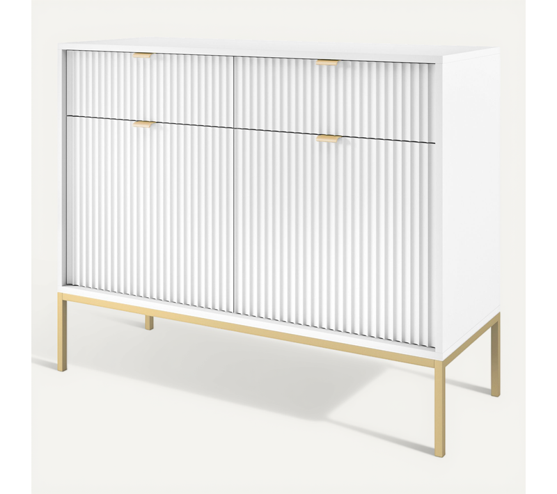 Buffet : 2 Tiroirs, 2 Portes, Blanc, Or, 104 X 83 X 39 Cm, Poignées Dorées