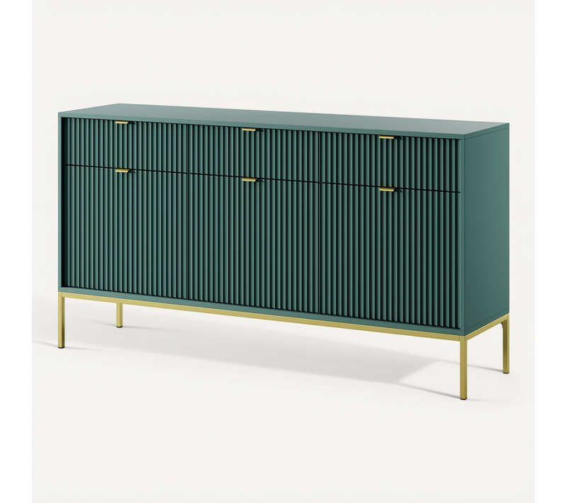 Buffet : 3 Tiroirs, 3 Portes, Labrador, Or, 154 X 83 X 39 Cm, Poignées Dorées