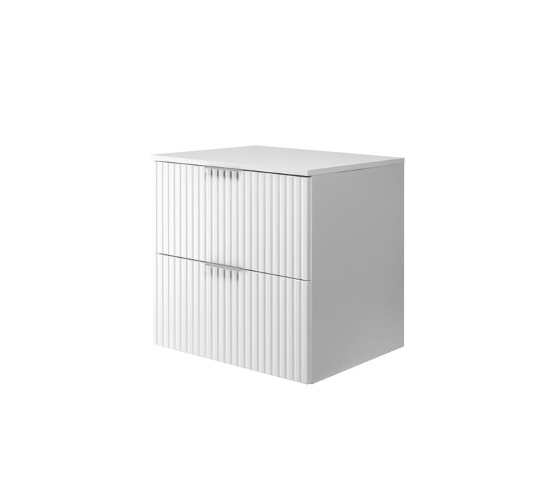 Meuble Sous Vasque, Blanc, 60 X 57 X 46 Cm, Poignée Argentée + Plan De Travail