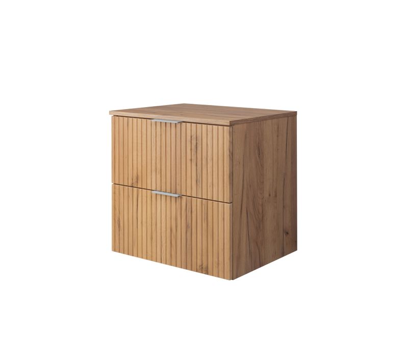 Meuble Sous Vasque, Chêne Craft, 60 X 57 X 46 Cm, Poignée Argentée + Plan De Travail