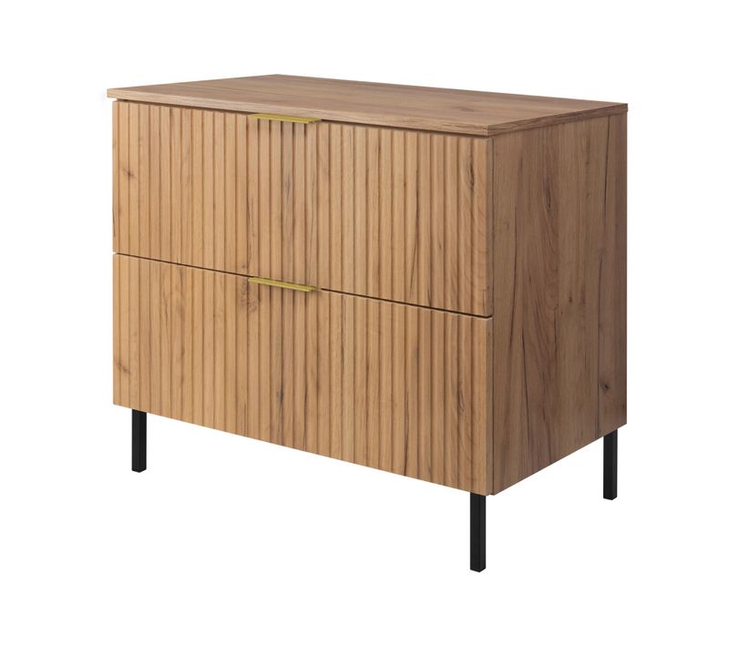 Meuble Sous Vasque, Chêne Craft, 80 X 77 X 46 Cm, Poignée Dorée, Pieds Noirs + Plan De Travail