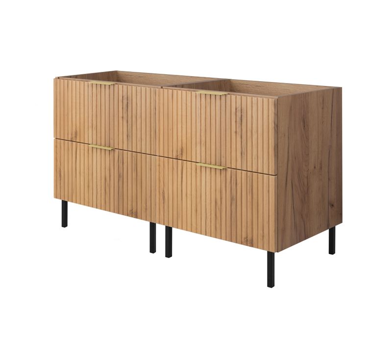 Meuble Sous Vasque, Chêne Craft, 120 (2 X 60) X 77 X 46 Cm, Poignée Dorée, Pieds Noirs, Sans Plateau