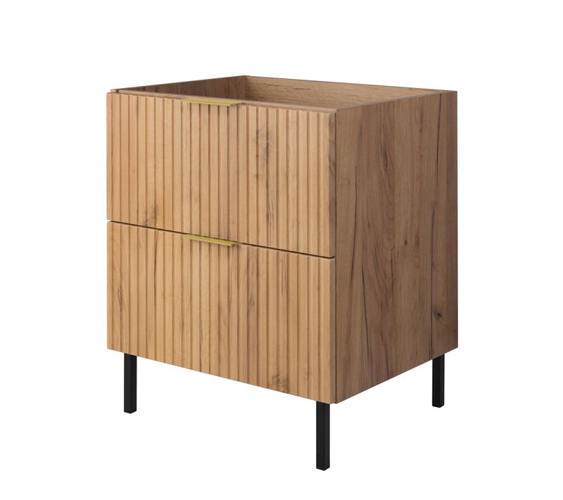 Meuble Sous Vasque, Chêne Craft, 60 X 77 X 46 Cm, Poignée Dorée, Pieds Noirs, Sans Plateau