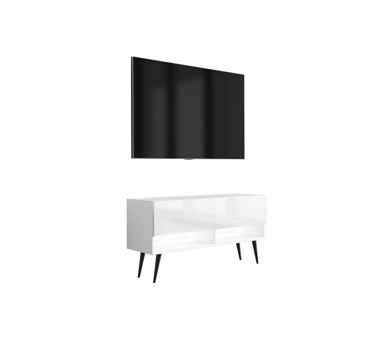 Meuble TV 100 Cm Blanc Mat / Blanc Brillant, Pieds Obliques Noirs, LED Blanche, 100 X 32 X 52 Cm