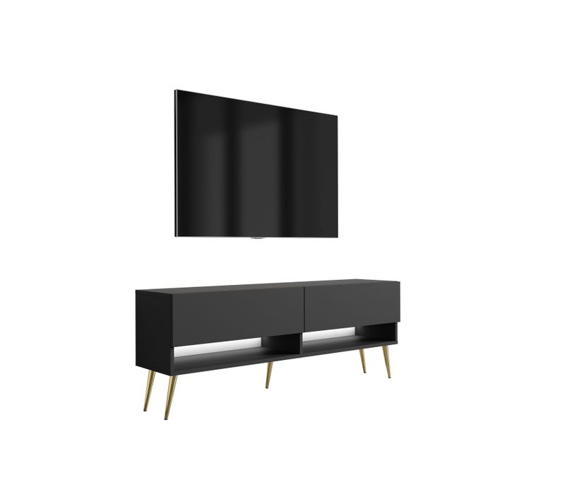 Meuble TV 140 Cm Noir Mat, Pieds Obliques Dorés, LED Blanche, 140 X 32 X 52 Cm