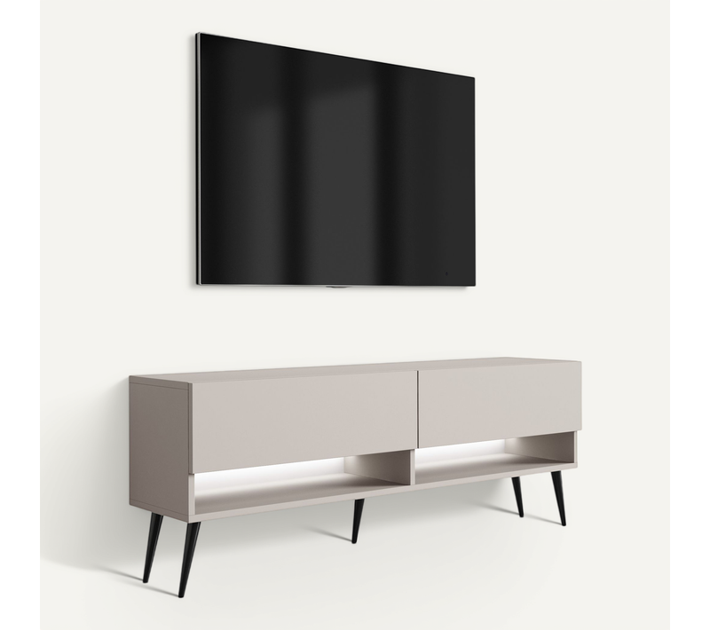 Meuble TV 140 Cm Cachemire, Pieds Obliques Noirs, LED Blanche, 140 X 32 X 52 Cm