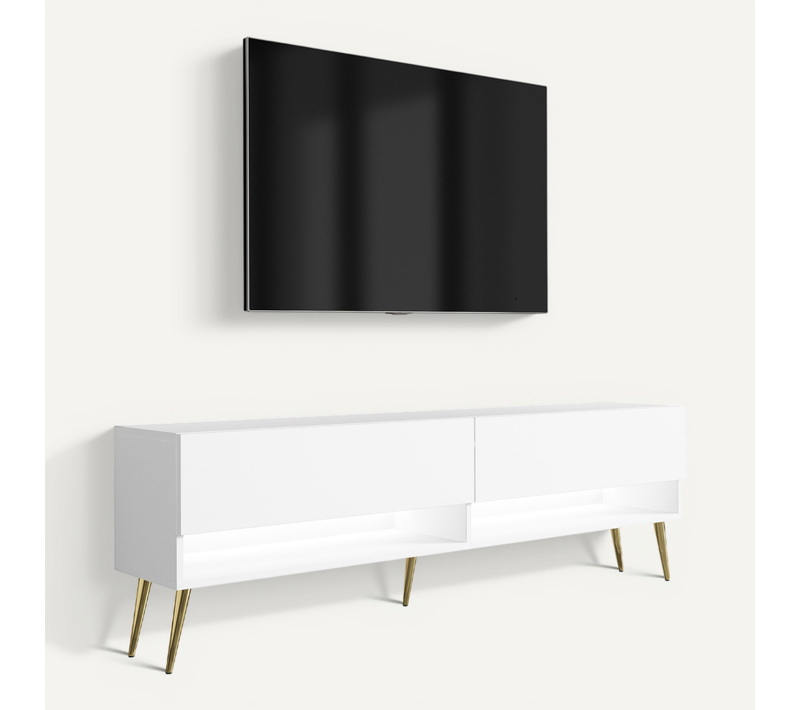 Meuble TV 170 Cm Blanc Mat, Pieds Obliques Dorés, LED Blanche, 170 X 32 X 52 Cm