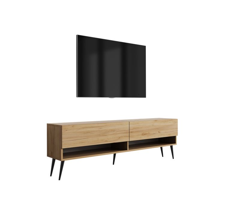 Meuble TV 170 Cm Chêne Craft, Pieds Obliques Noirs, 170 X 32 X 52 Cm