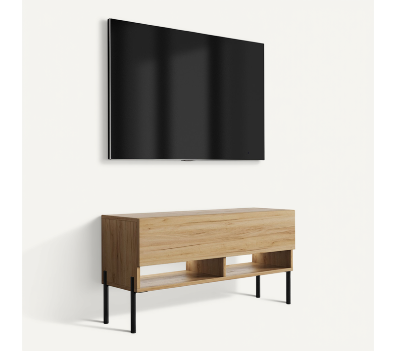 Meuble TV 100 Cm Chêne Craft, Pieds Droits Noirs, LED Blanche, 100 X 32 X 52 Cm