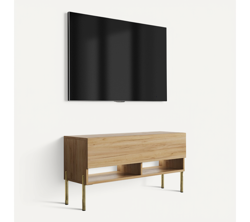 Meuble TV 100 Cm Chêne Craft, Pieds Droits Dorés, LED Blanche, 100 X 32 X 52 Cm
