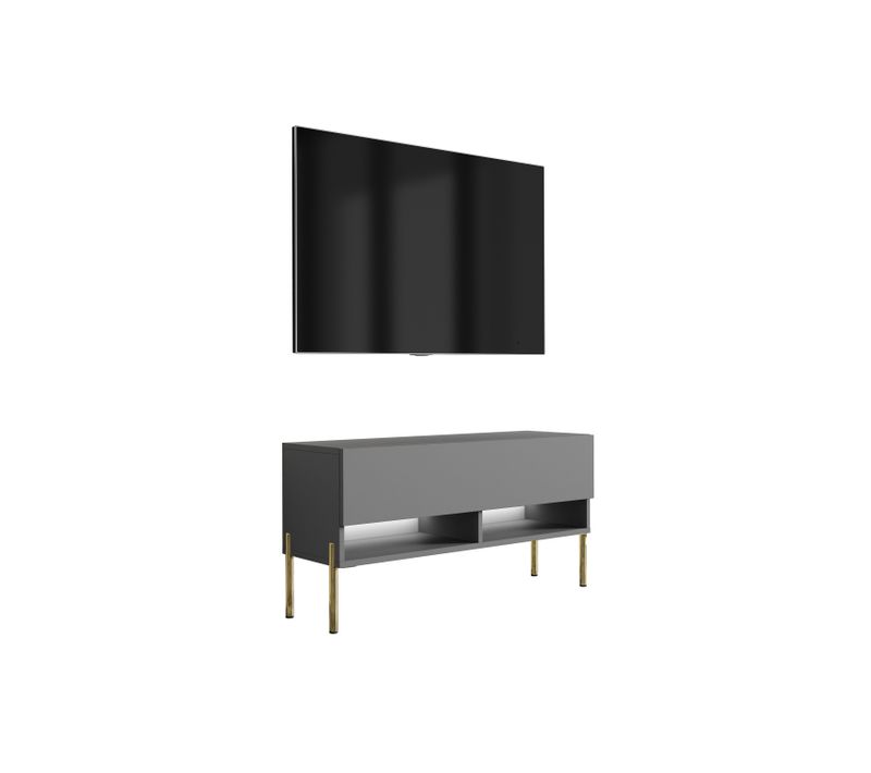 Meuble TV 100 Cm Anthracite, Pieds Droits Dorés, LED Blanche, 100 X 32 X 52 Cm