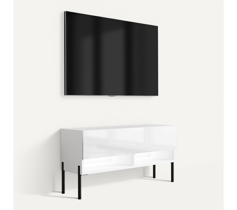 Meuble TV 100 Cm Blanc Mat / Blanc Brillant, Pieds Droits Noirs, LED Blanche, 100 X 32 X 52 Cm