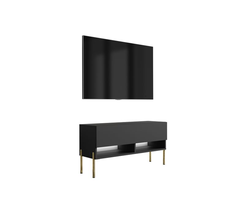 Meuble TV 100 Cm Noir Mat, Pieds Droits Dorés, LED Blanche, 100 X 32 X 52 Cm