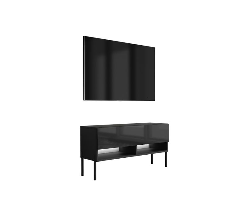 Meuble TV 100 Cm Noir Mat / Noir Brillant, Pieds Droits Noirs, LED Blanche, 100 X 32 X 52 Cm