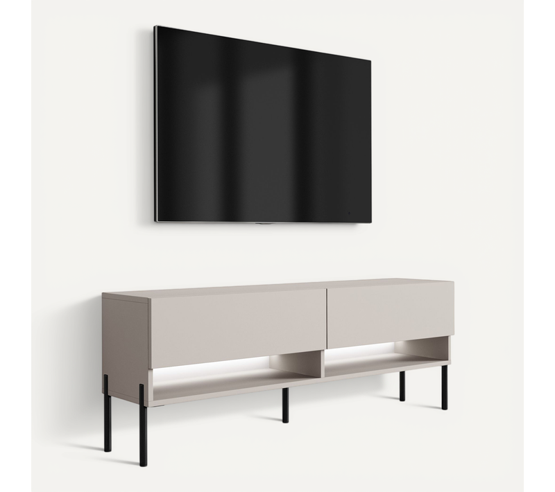 Meuble TV 140 Cm Cachemire, Pieds Droits Noirs, LED Blanche, 140 X 32 X 52 Cm
