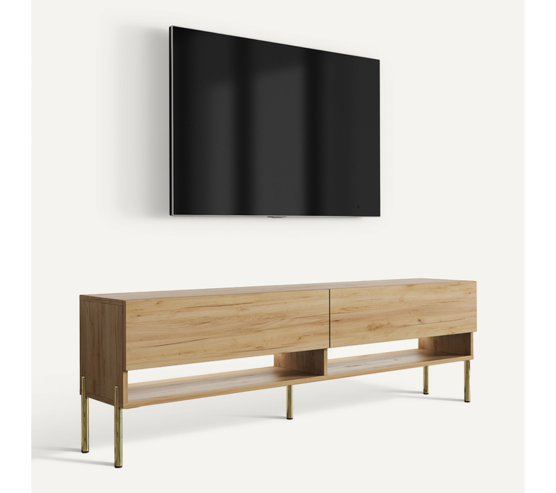 Meuble TV 170 Cm Chêne Craft, Pieds Droits Dorés, LED Blanche, 170 X 32 X 52 Cm