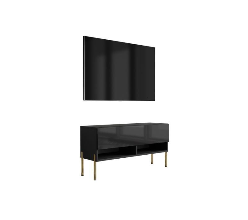 Meuble TV 100 Cm Noir Mat / Noir Brillant, Pieds Droits Dorés, 100 X 32 X 52 Cm