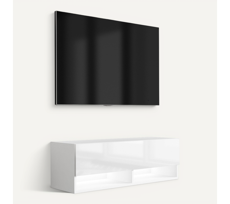 Meuble TV 100 Cm Blanc Mat / Blanc Brillant, LED Blanc, 100 X 32 X 34 Cm
