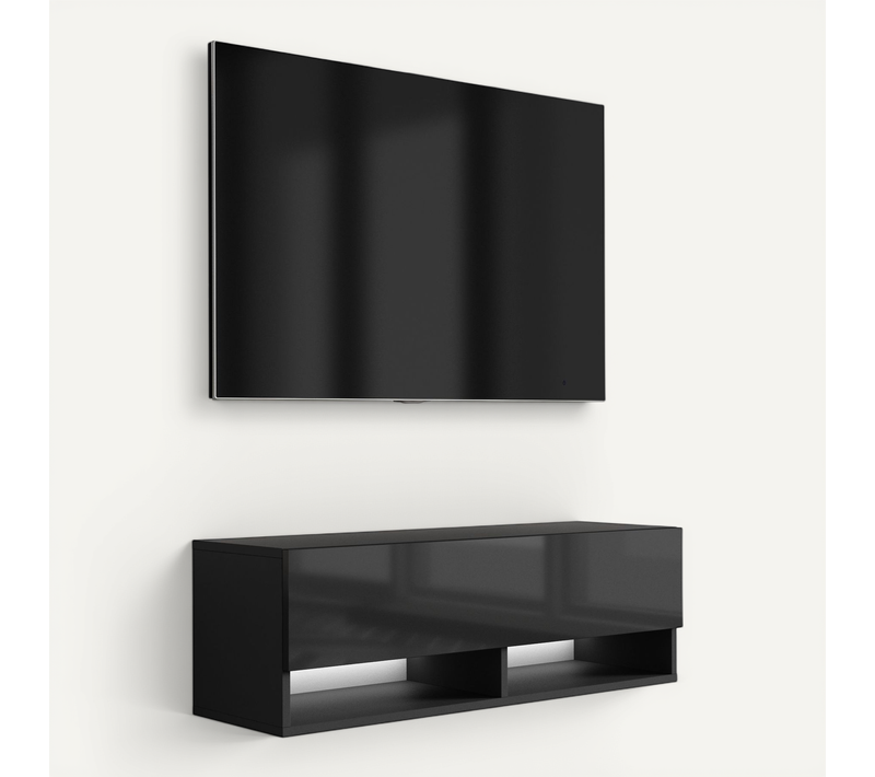Meuble TV 100 Cm Noir Mat / Noir Brillant, LED Blanche, 100 X 32 X 34 Cm
