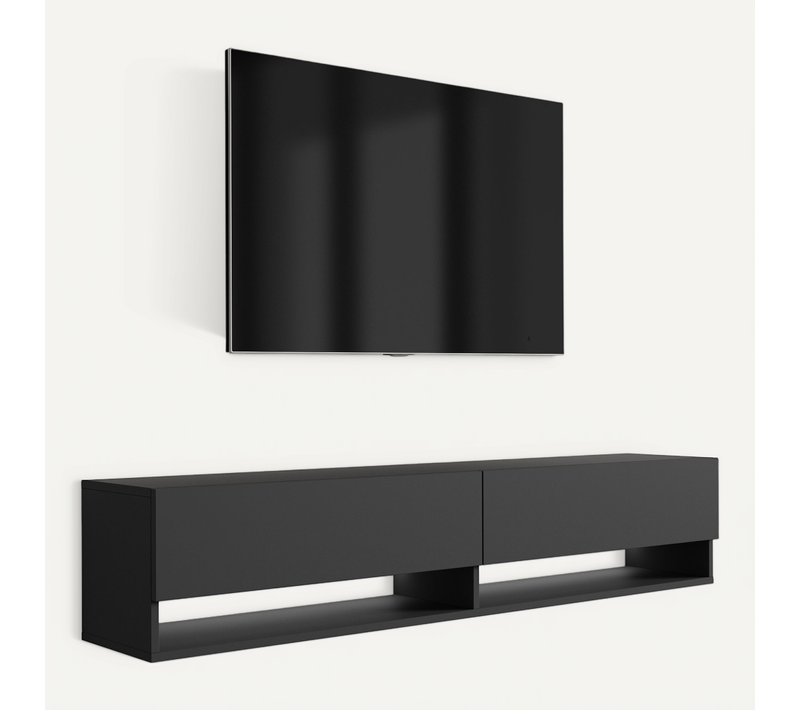 Meuble TV 170 Cm Noir Mat, LED Blanc, 170 X 32 X 34 Cm