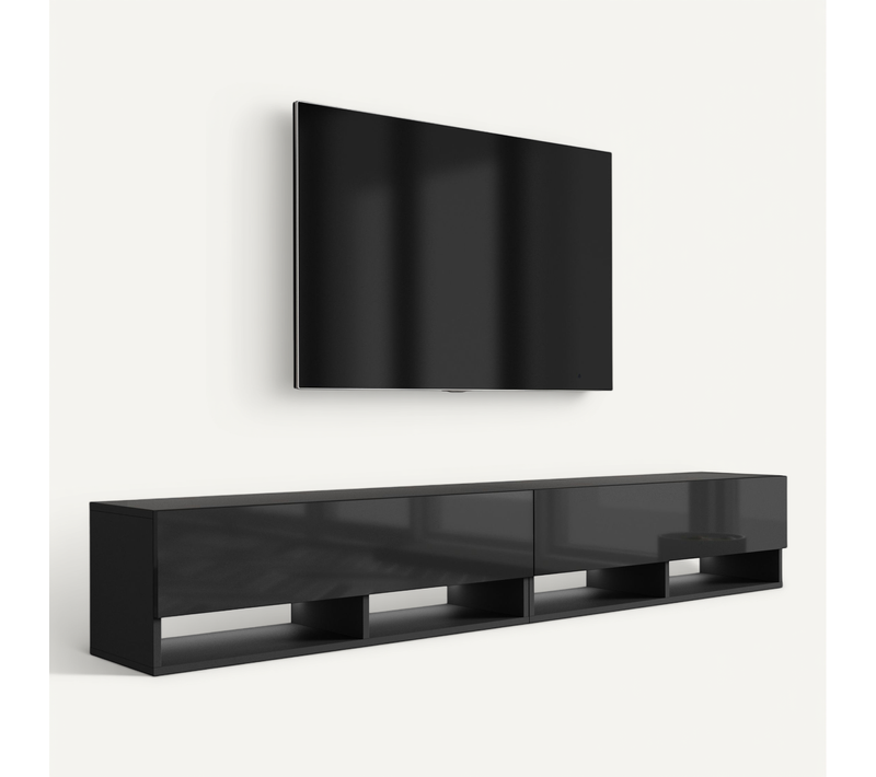 Meuble TV 200 (2 X 100) Cm Noir Mat / Noir Brillant, LED Blanche, 200 X 32 X 52 Cm