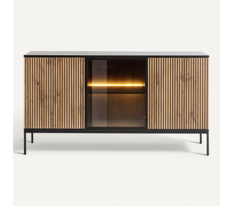 Buffet Large Moderne Avec Portes Et Façade Cannelée 154x83x39 Cm, Noir / Chêne Wotan