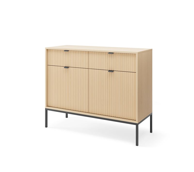 Commode : 2 Tiroirs, 2 Portes, Chêne Vincenza, Noir, 104 X 83 X 39 Cm, Poignées Noires