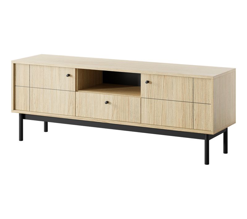 Meuble TV : Couleur Chêne Linea, Pieds Noir, 153,5 X 56,5 X 39 Cm